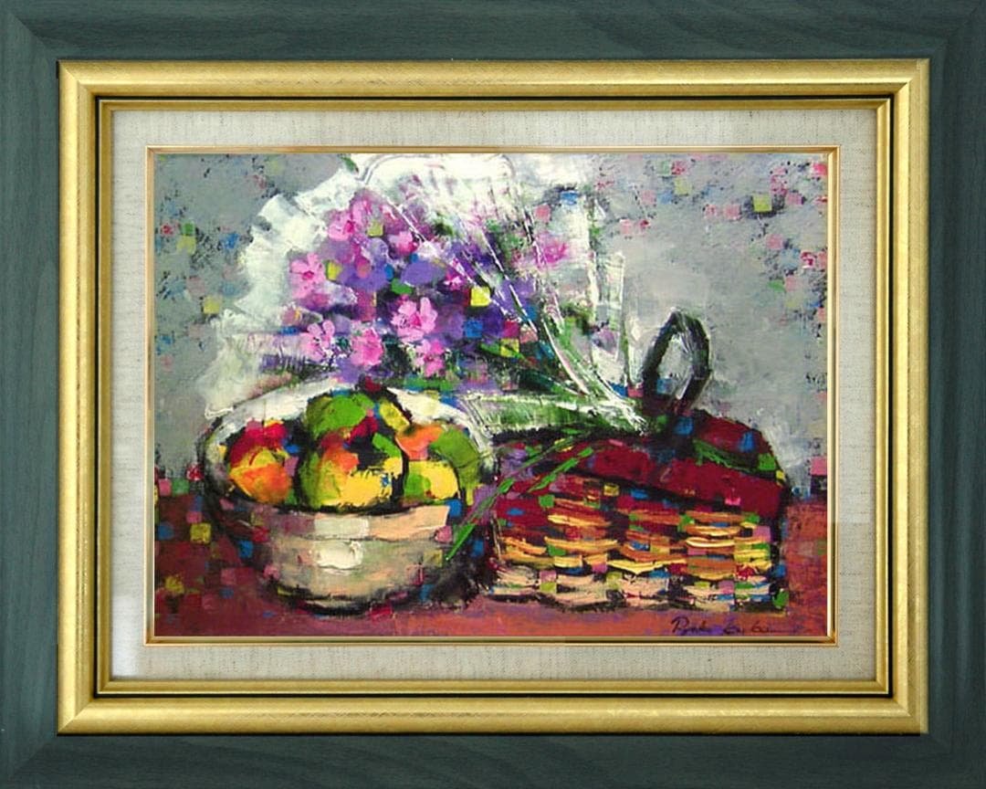 油絵 菅家令子 絵 絵画インテリア額付(黒) uF6-062104 花束フルーツ